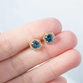 1.06ctw Montana Sapphire Earrings in Yellow Gold Diamond Halo Setting