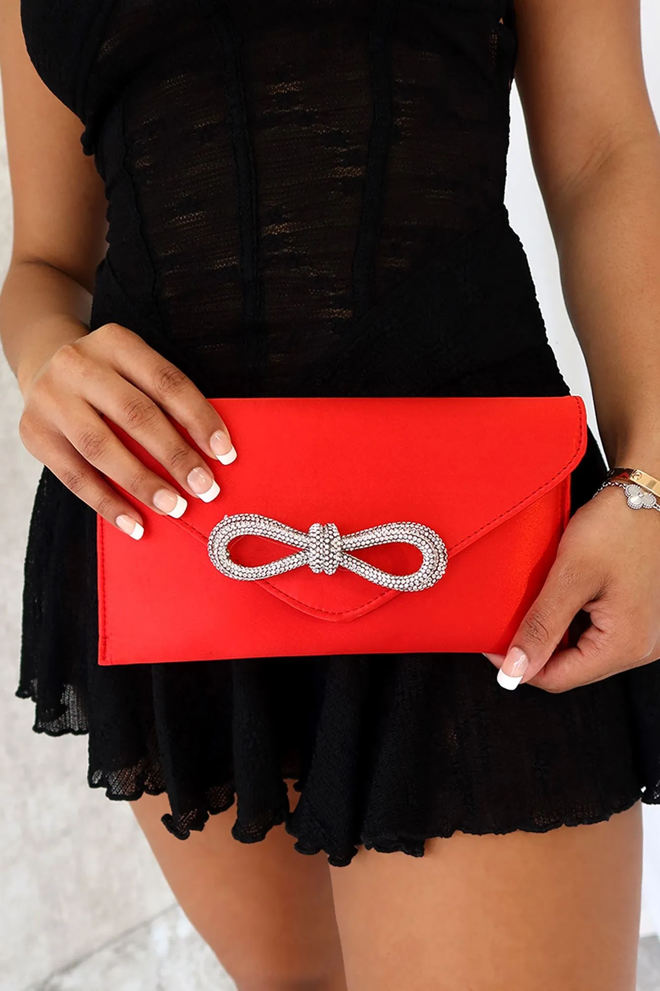 Adorable Rhinestone Bow Satin Clutch