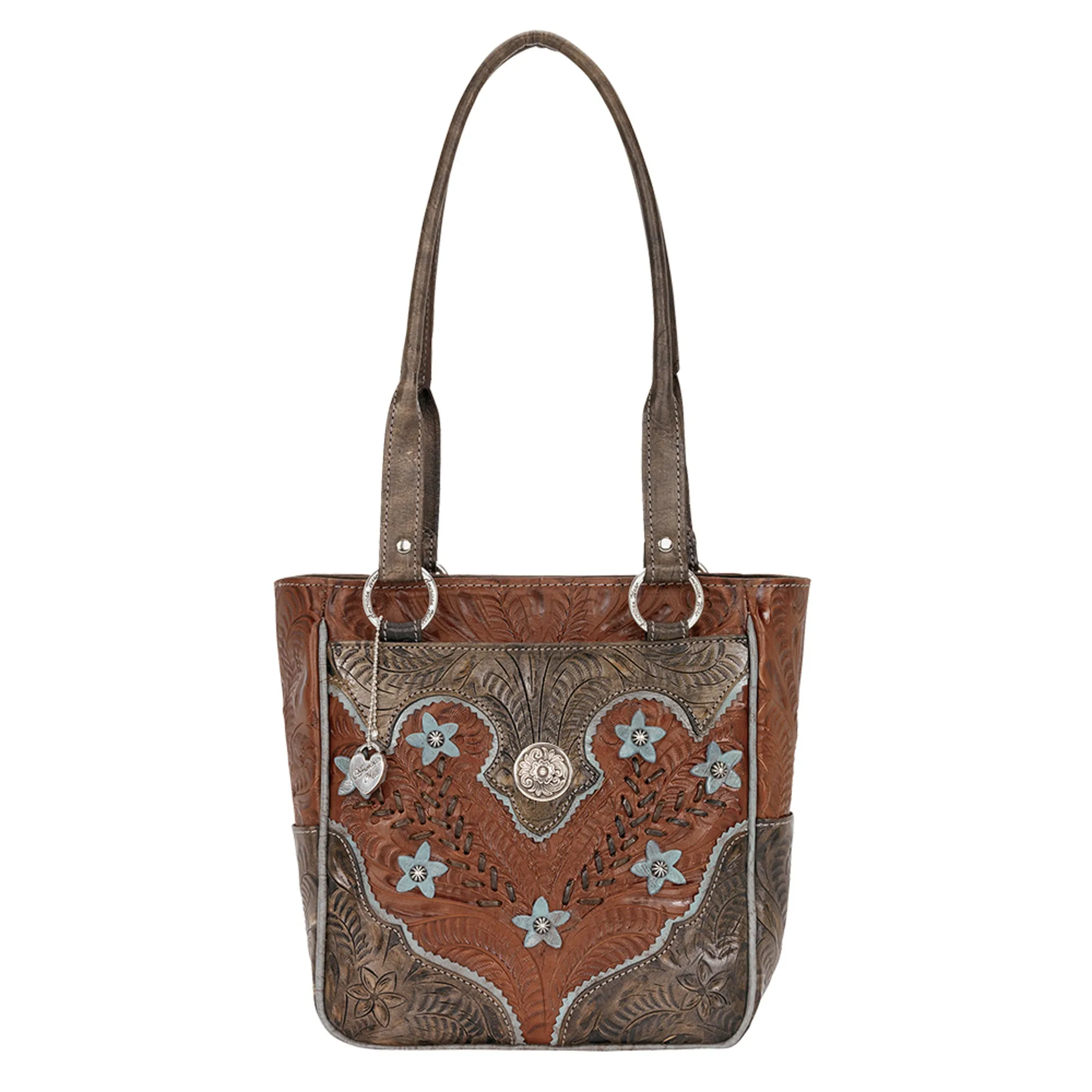 American West Desert Wildflower Antique Brown Leather Zip Top Tote