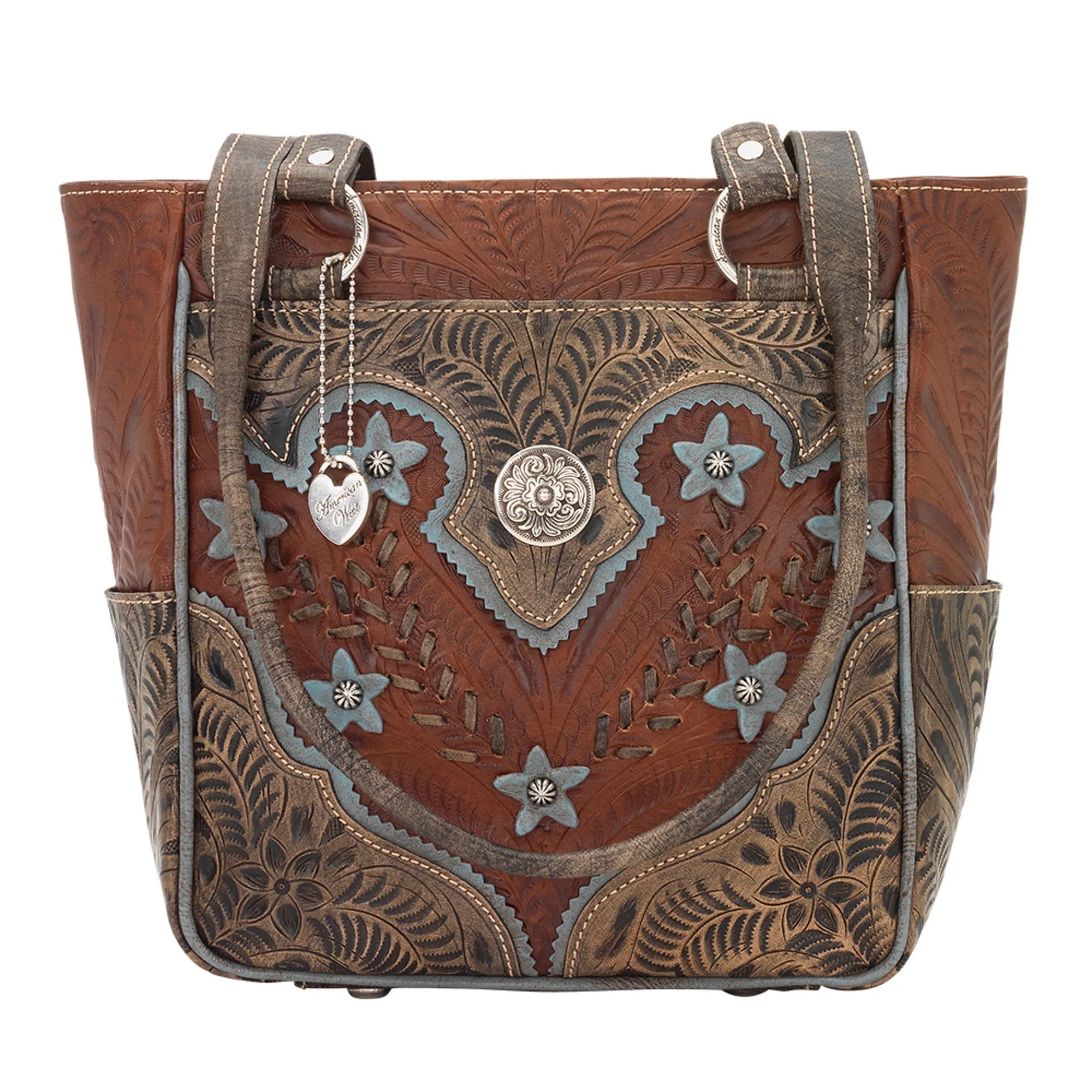 American West Desert Wildflower Antique Brown Leather Zip Top Tote