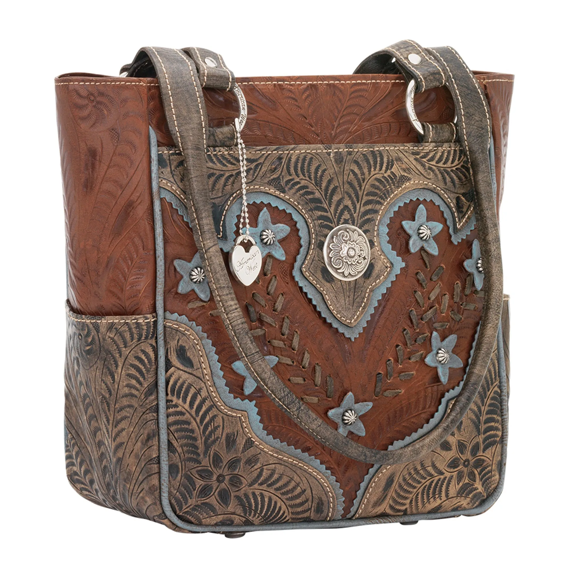 American West Desert Wildflower Antique Brown Leather Zip Top Tote