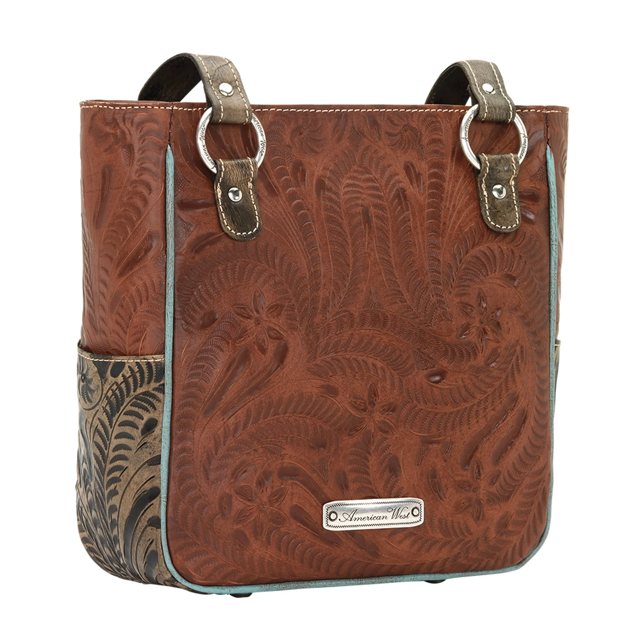 American West Desert Wildflower Antique Brown Leather Zip Top Tote