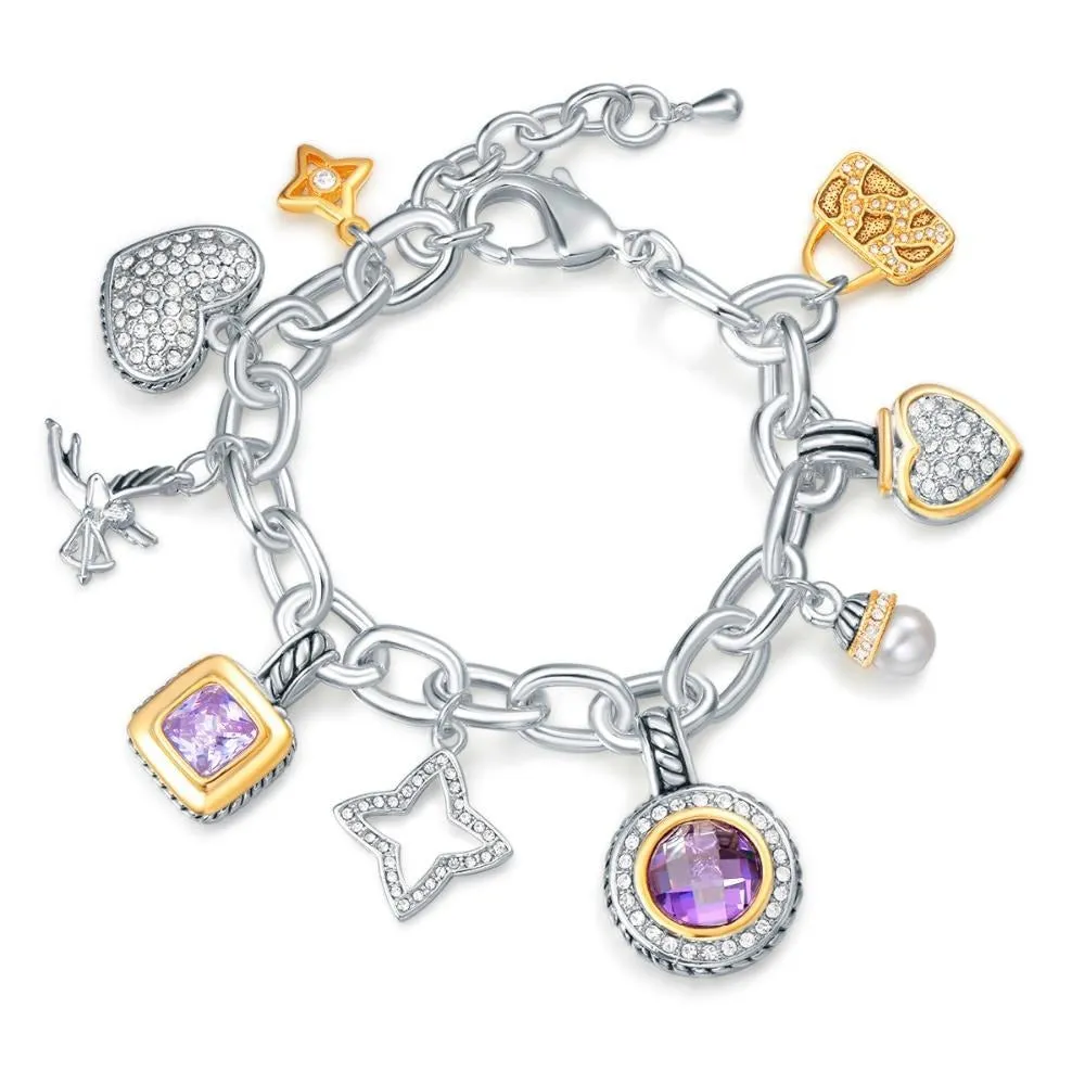 Amethyst Pave Heart Cupid Multi Charms Luxury Charm Bracelet