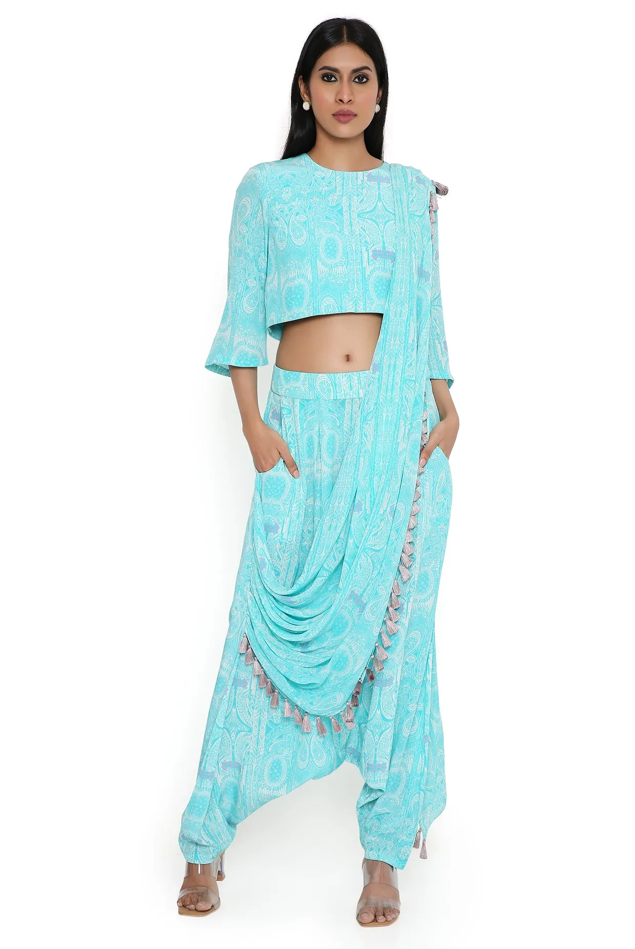 Aqua Ps Print Top With Attached Drape Pant