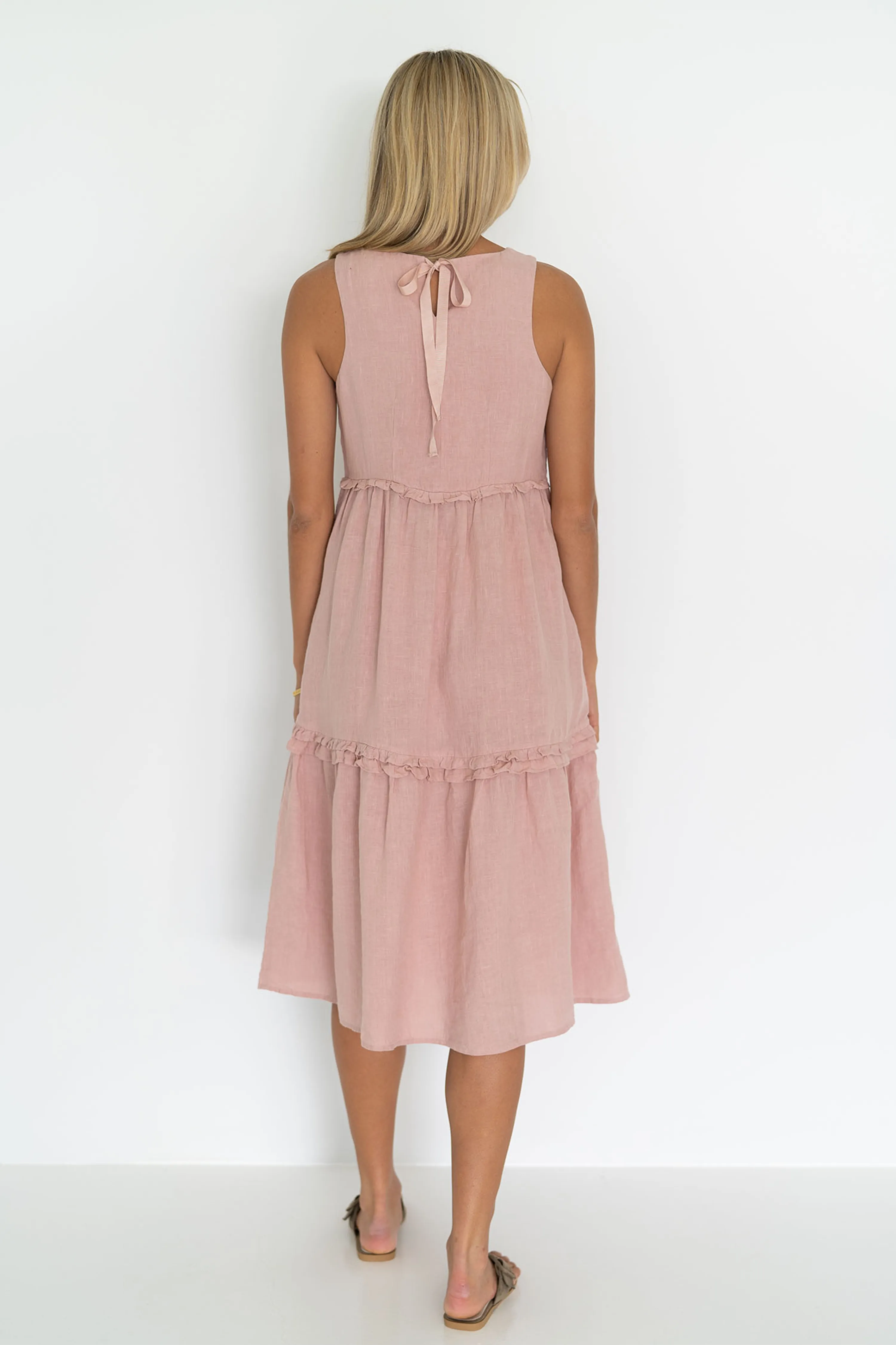 Ava Frill SL Tiered Linen Blush Midi Dress