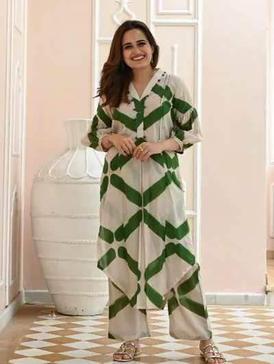 Beige  Green Handblock Cotton Kurti Pant Set