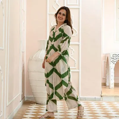 Beige  Green Handblock Cotton Kurti Pant Set