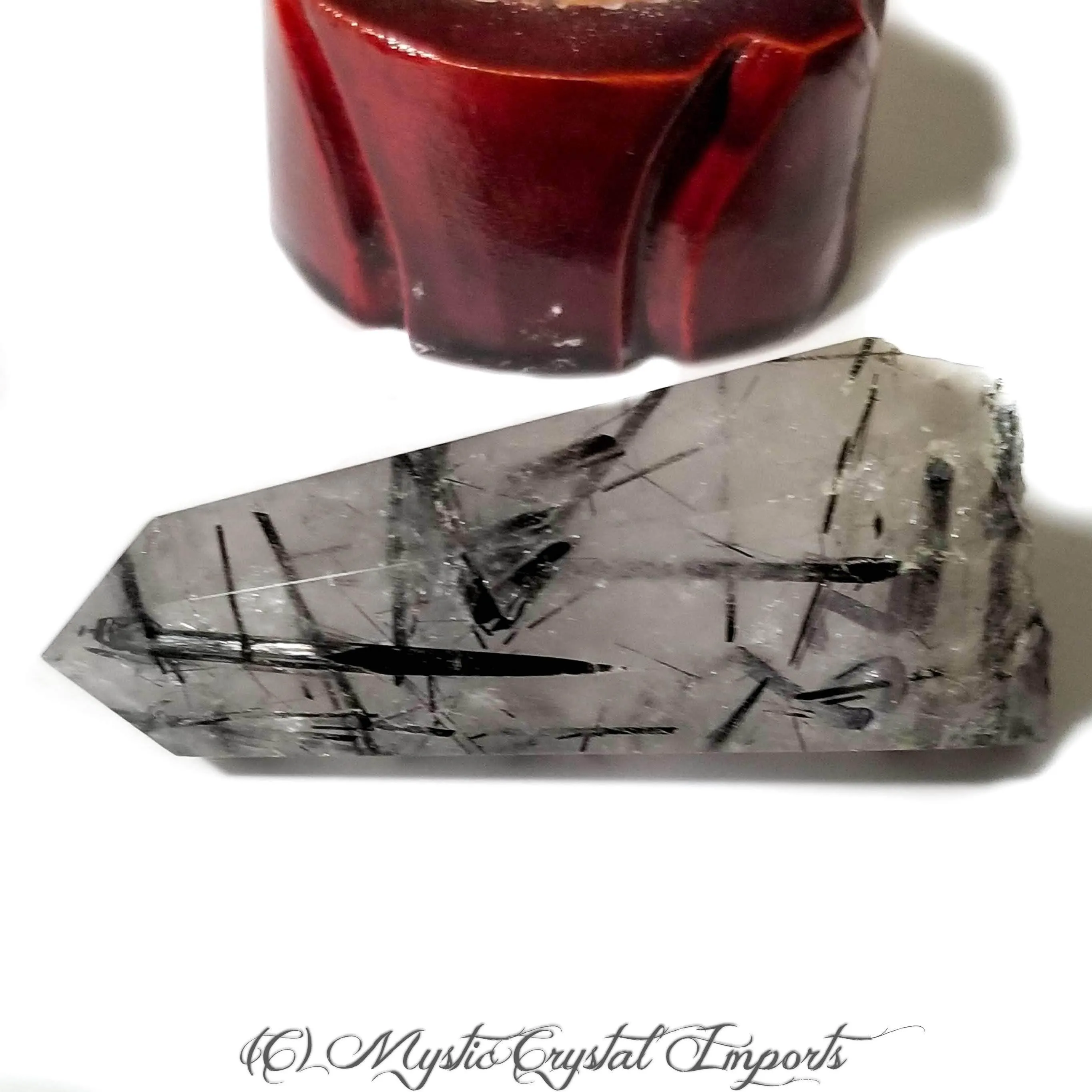 Black Tourmalinated Quartz Crystal Point With Carved Wood Stand - 4