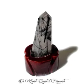 Black Tourmalinated Quartz Crystal Point With Carved Wood Stand - 4