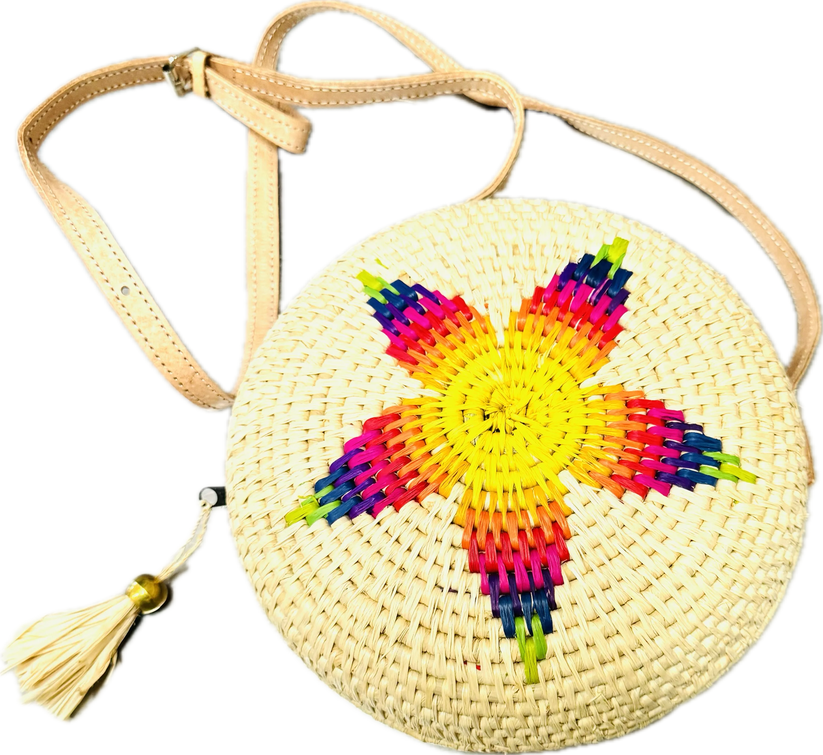 Carmel Crochet Round Flower Straw Crossbody Bag