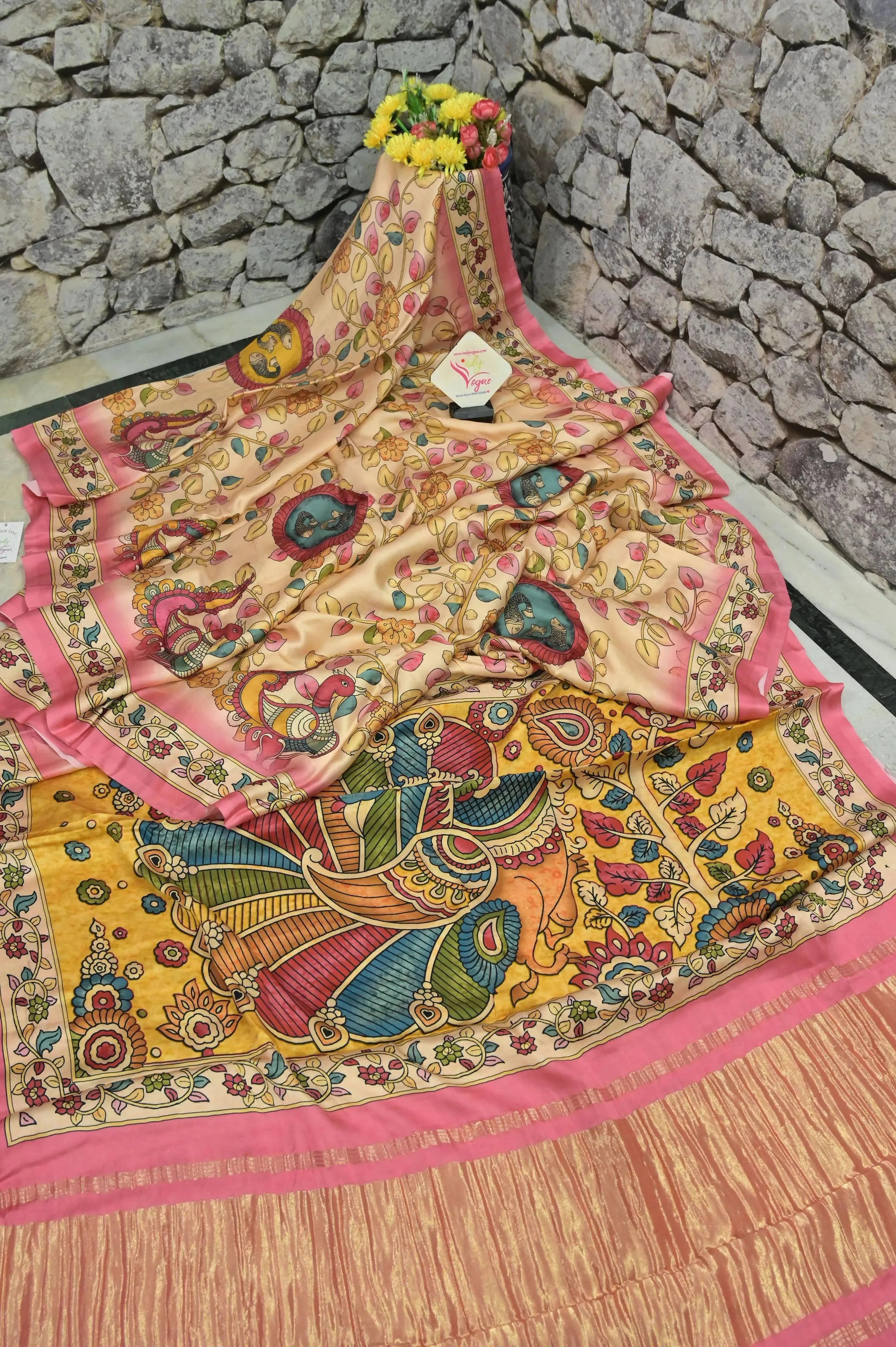 Deep Cream and Pink Color Ghazi Silk with Kalamkari Print