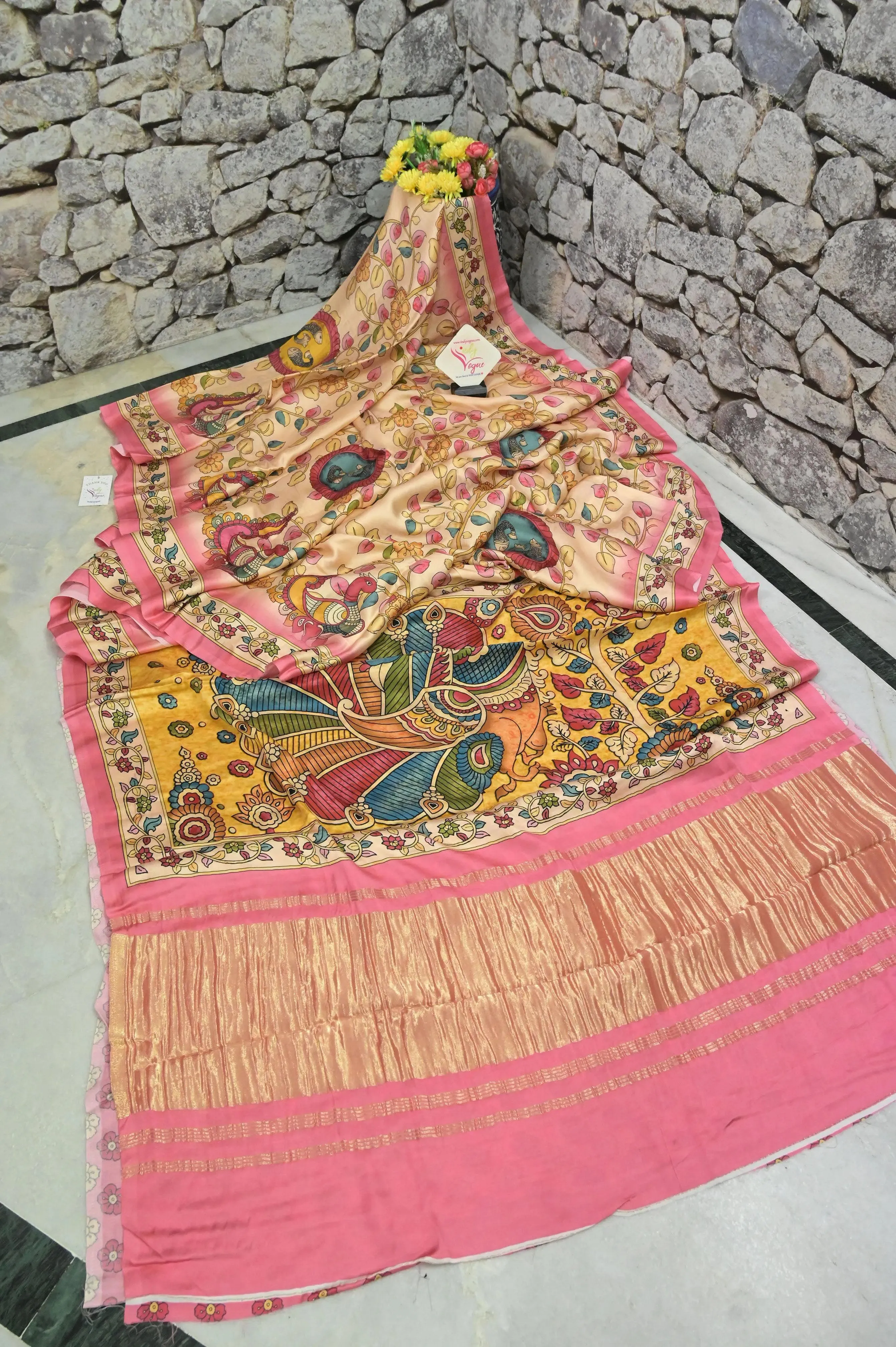 Deep Cream and Pink Color Ghazi Silk with Kalamkari Print