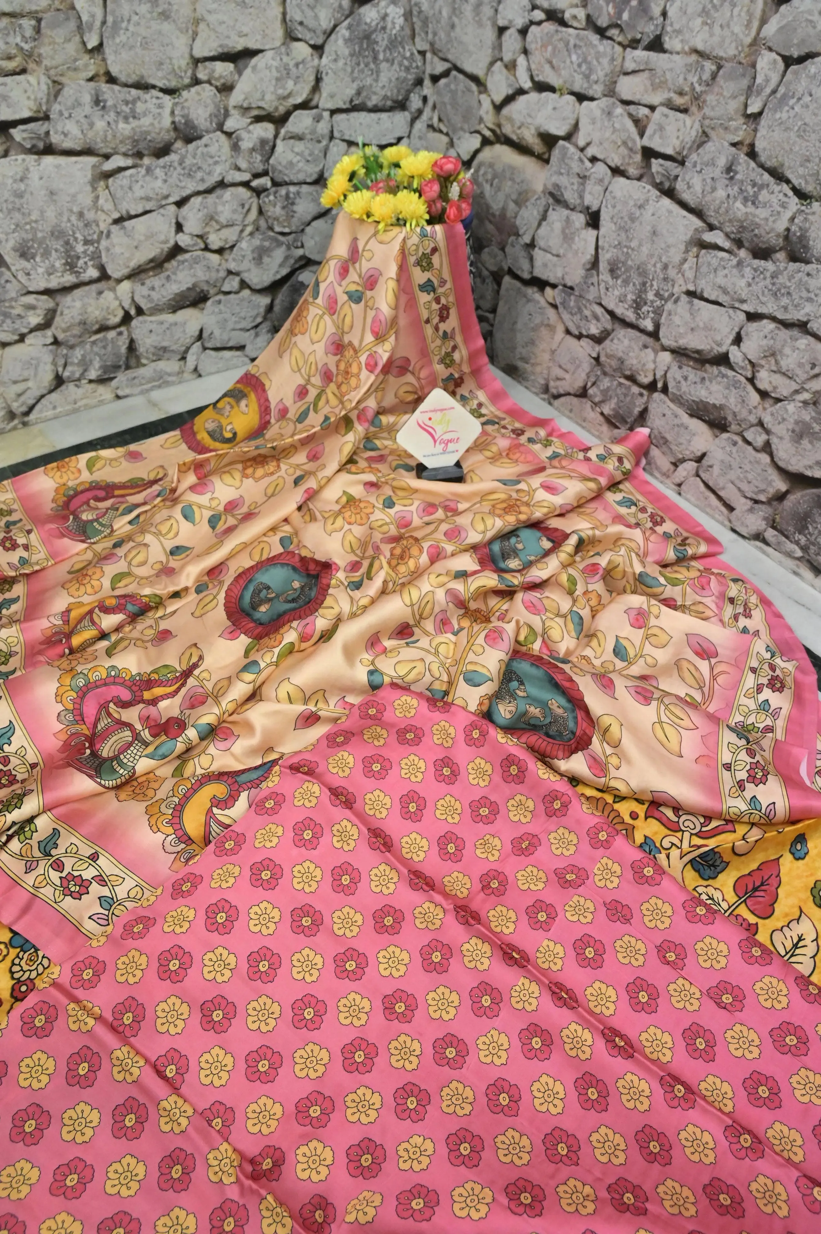 Deep Cream and Pink Color Ghazi Silk with Kalamkari Print