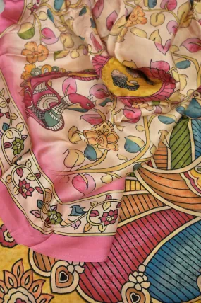 Deep Cream and Pink Color Ghazi Silk with Kalamkari Print