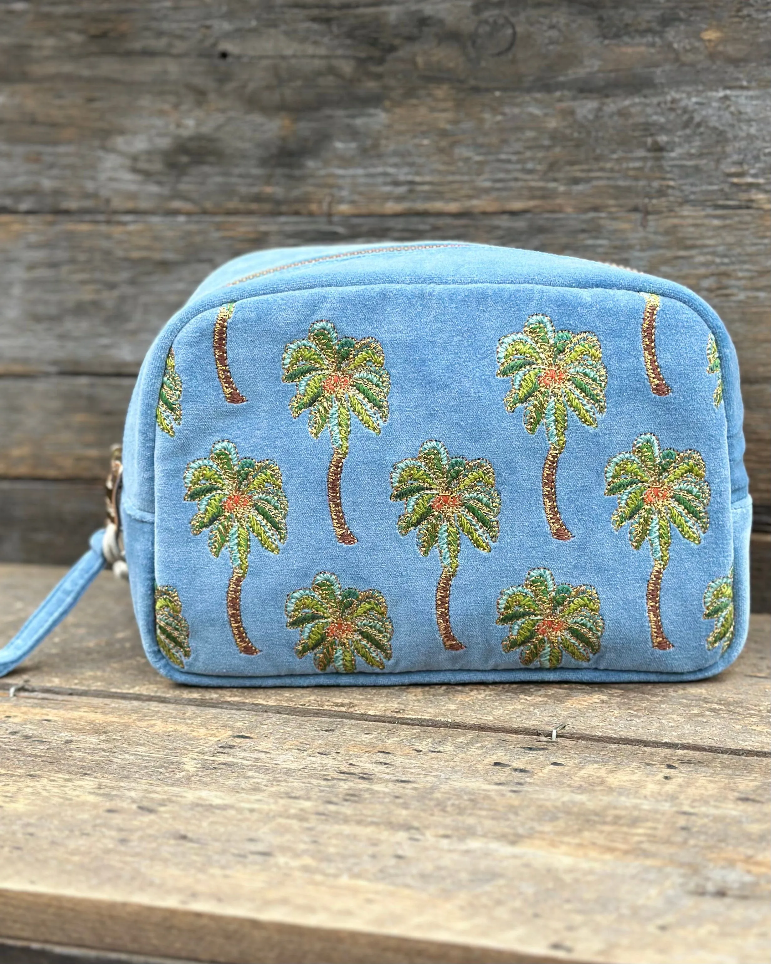 Embroidered Sunset Palm Velvet Make Up Bag - Dusky Blue