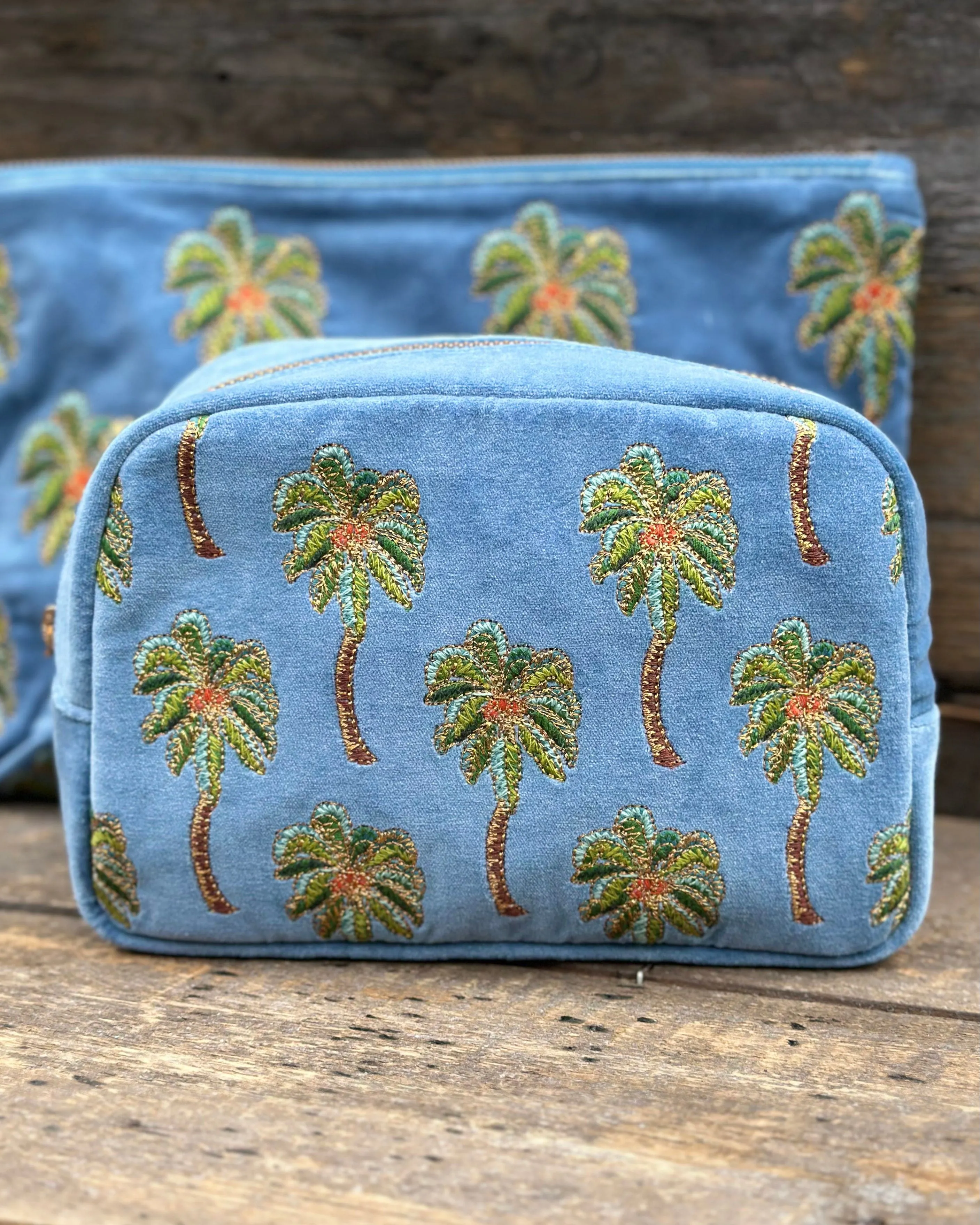 Embroidered Sunset Palm Velvet Make Up Bag - Dusky Blue