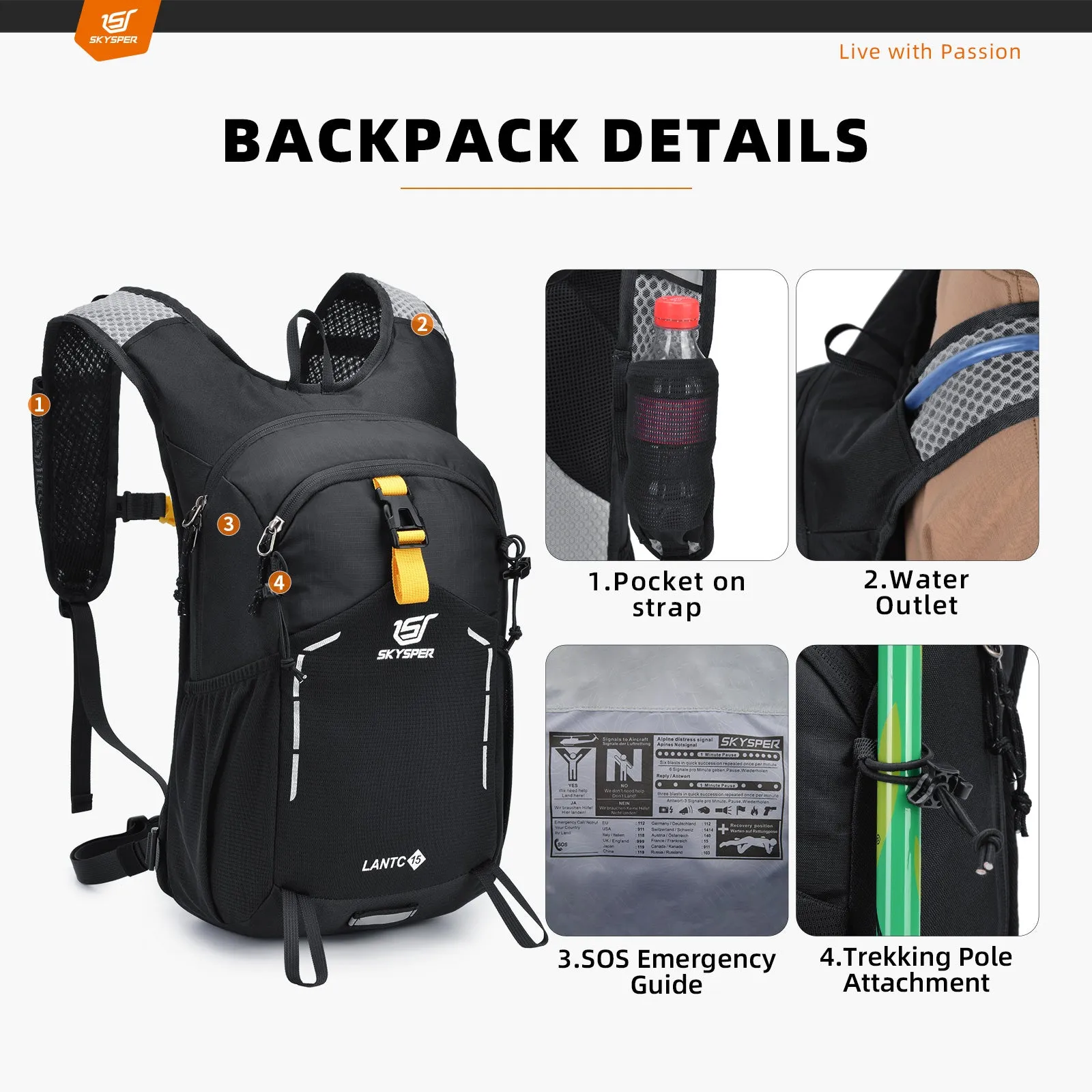 LANTC15 - SKYSPER 15L Small Hiking Daypack Backpack