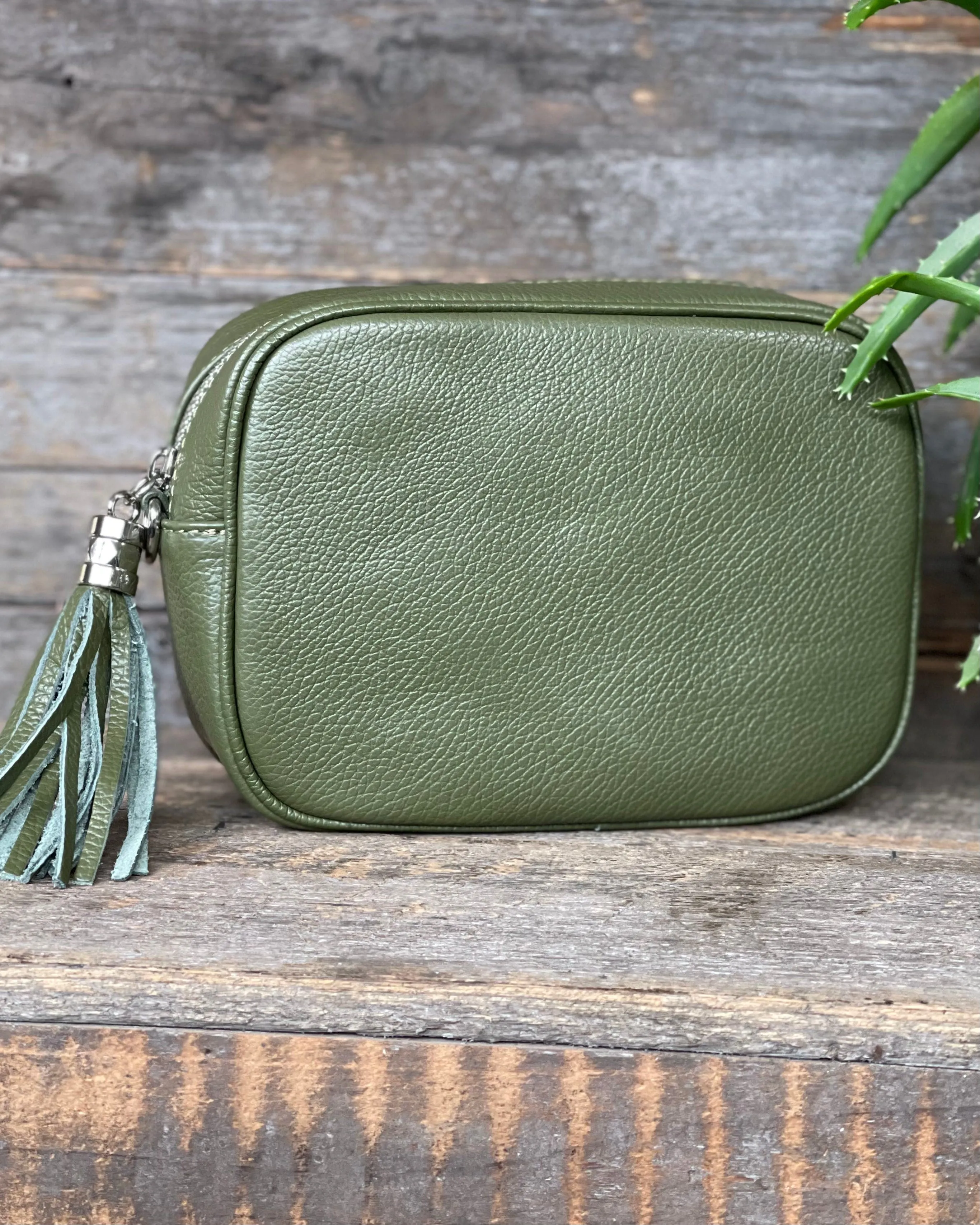 Leather Tassel Bag - Olive With Silver Finishings