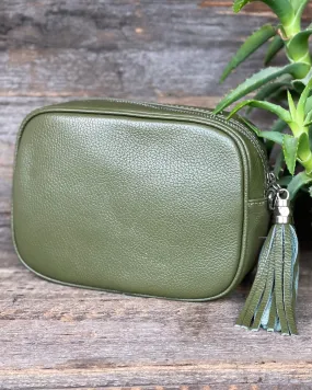 Leather Tassel Bag - Olive With Silver Finishings