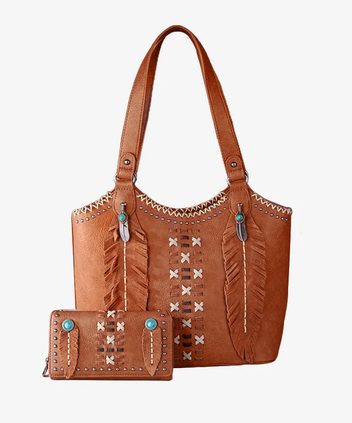 Montana West Feather Whipstitch Tote Bag Set