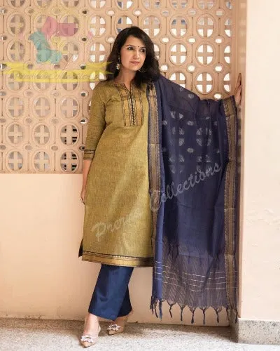 Mustard Blue Ethnic Cotton Salwar Suit for Women