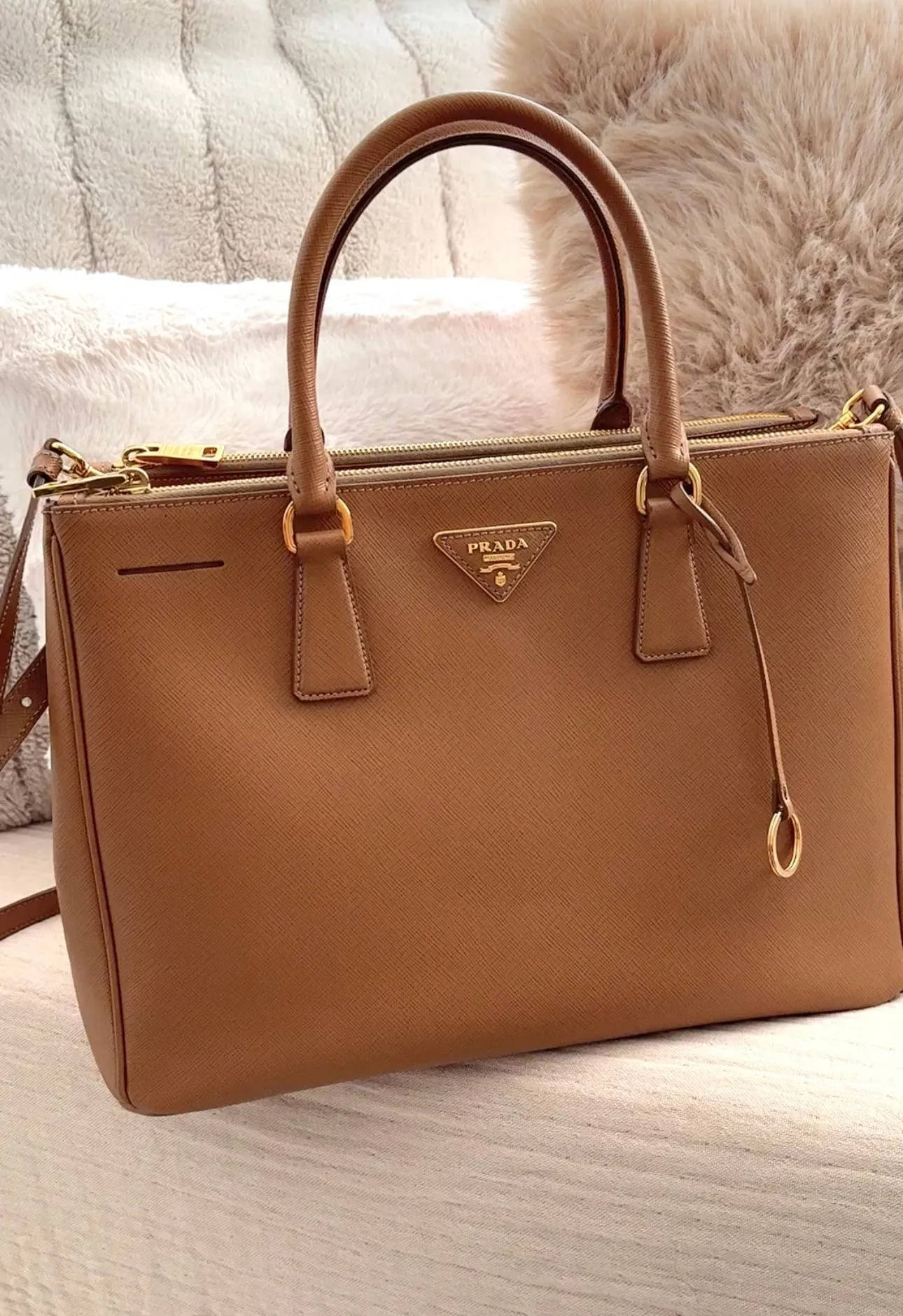 Prada Caramel Saffiano Galleria Double Zip Tote Bag