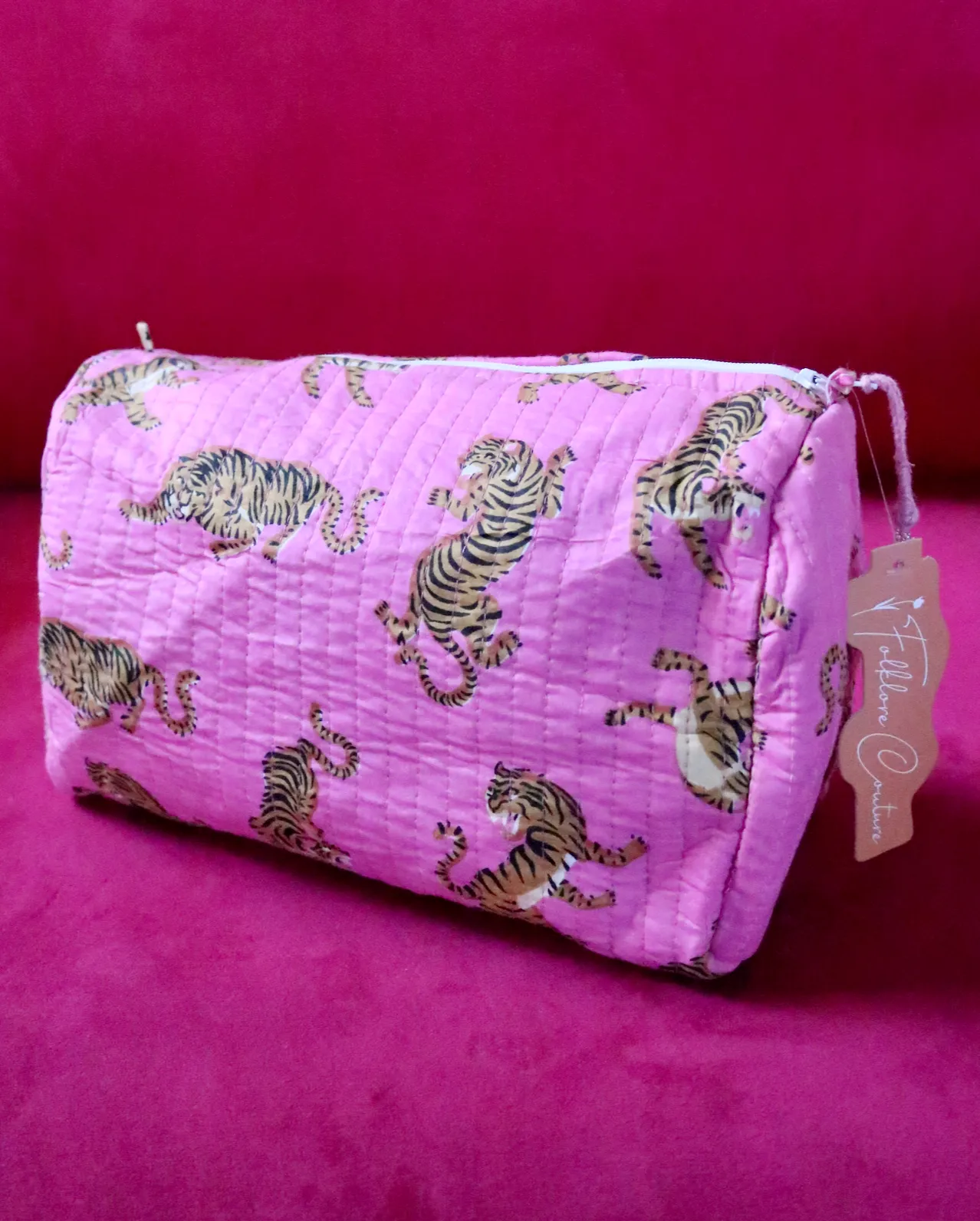 Quilted Cosmetic Bag | Bright Pink Tigers