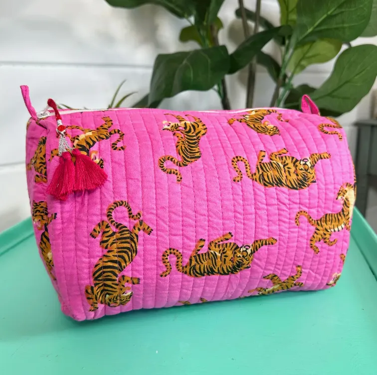 Quilted Cosmetic Bag | Bright Pink Tigers