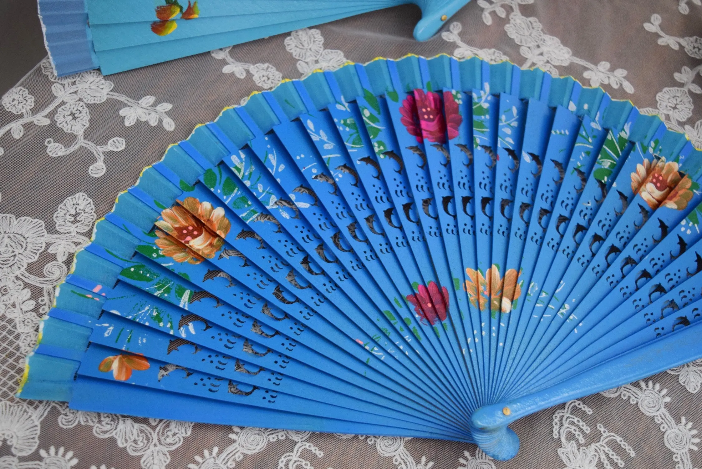 Wooden Hand Fan - Blue